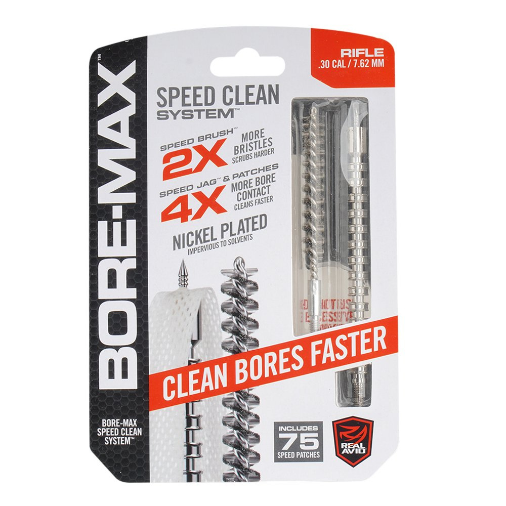Bore Max Speed Clean System to zestaw do czyszczenia luf karabinowych kalibru .30/.308/7.62 mm. Zestaw zawiera szczotkę, przecieraki i uchwyt do przeciaraków. Szczotka wykonana z pokrytego niklem włosia z brązu fosforowego, posiada dwukrotnie większą gęstość włosia co zapewnia dokładniejsze i szybsze czyszczenie lufy. Bore-Max Speed Brush jest przy tym odporna na chemiczne środki czyszczące do - LifeGun.pl Real Avid - Zestaw do czyszczenia broni Bore Max Speed Clean System - .30/.308/7.62 mm - AVBMSET30-1