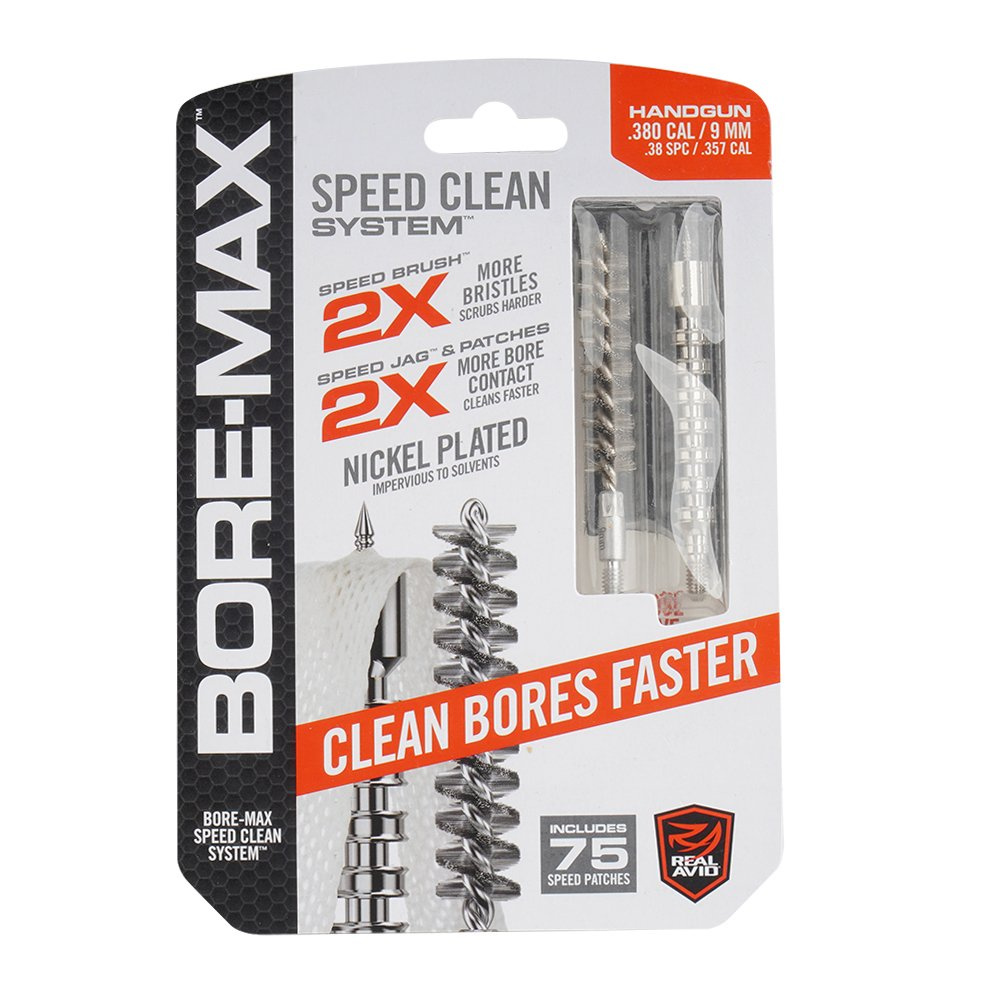 Bore Max Speed Clean System to zestaw do czyszczenia luf pistoletowych w kalibrze .380/9 mm/.38 SPC/.357 . Zestaw zawiera szczotkę, przecieraki i uchwyt do przeciaraków. Szczotka wykonana z pokrytego niklem włosia z brązu fosforowego, posiada dwukrotnie większą gęstość włosia co zapewnia dokładniejsze i szybsze czyszczenie lufy. Bore-Max Speed Brush jest przy tym odporna na chemiczne - LifeGun.pl Real Avid - Zestaw do czyszczenia broni Bore Max Speed Clean System - .380/9 mm/.38 SPC/.357 - AVBMSET9MM-1