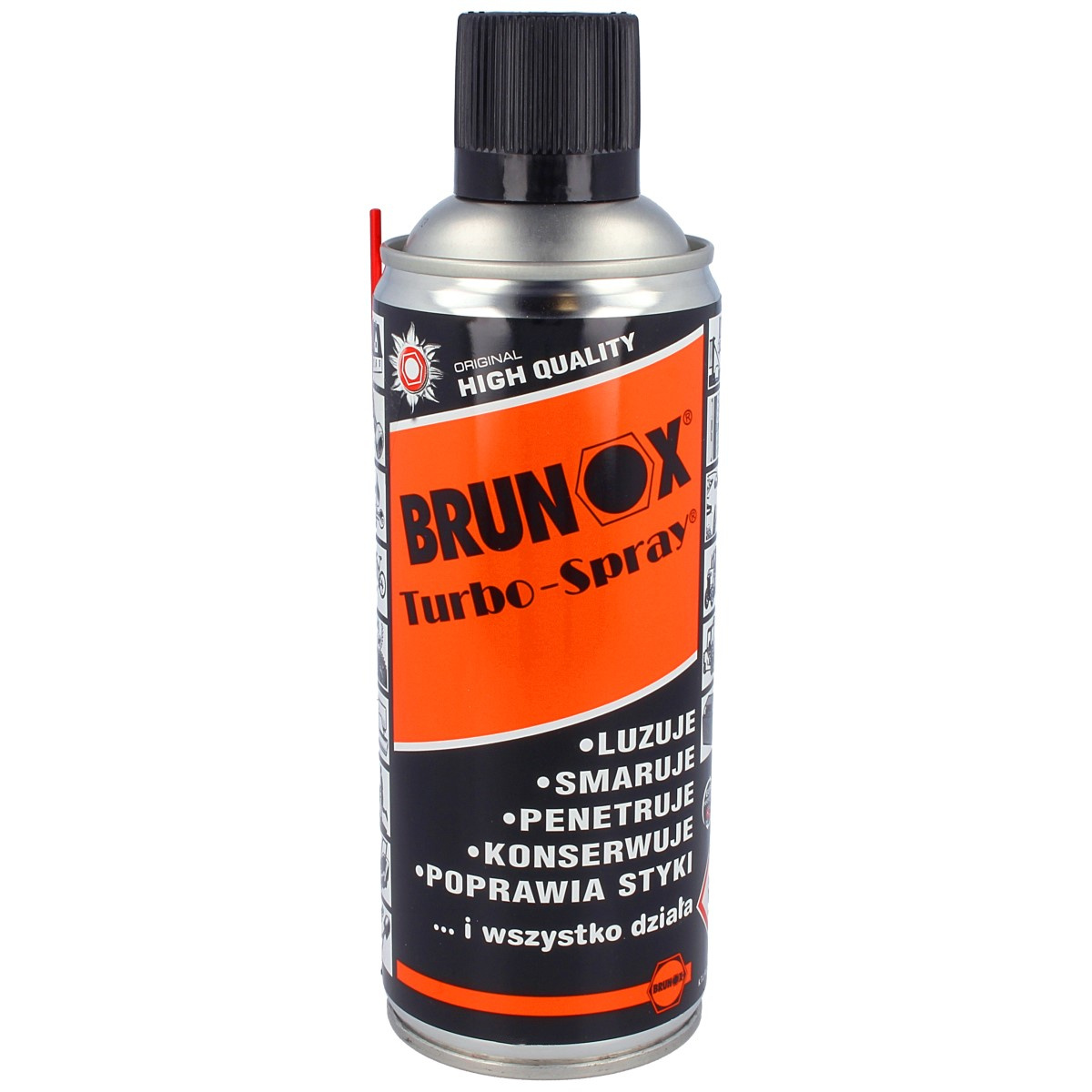 Brunox Turbo Spray 400ml szwajcarski preparat wielofunkcyjny do czyszczenia, konserwacji elementów współpracujących. Dodatek Turboline gwarantuje wnikanie w szczeliny i przestrzenie wewnętrzne tworząc nie zasychającą cienką warstwę ochronną grubości 1-2μm - LifeGun.pl Preparat do czyszczenia i konserwacji Brunox Turbo-Spray 400ml (BT04)-1