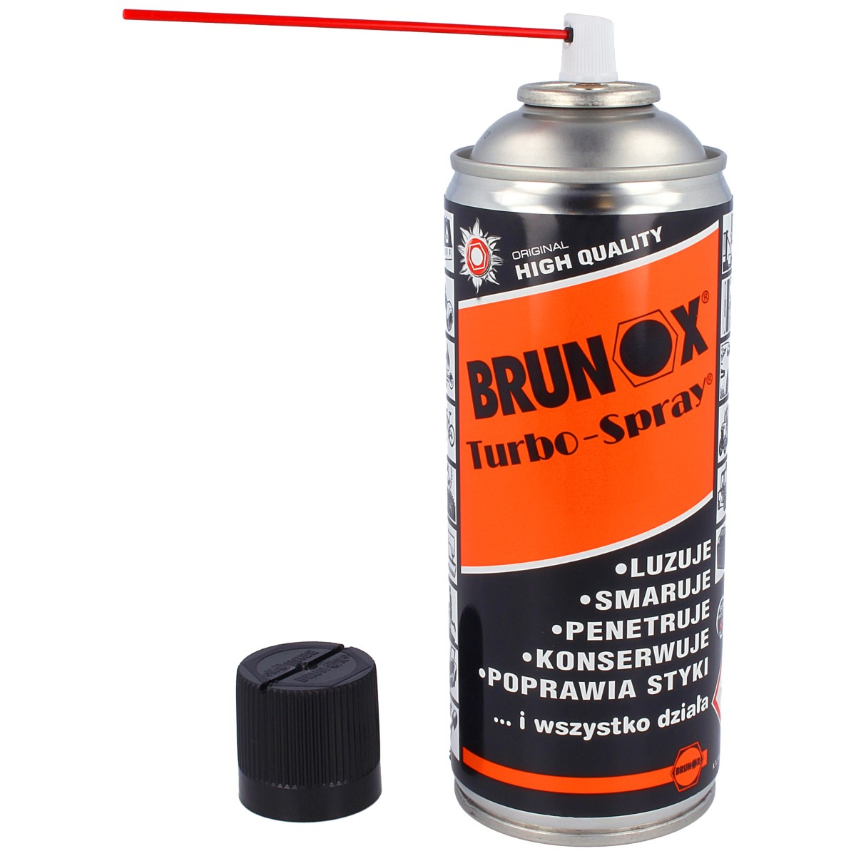 Brunox Turbo Spray 400ml szwajcarski preparat wielofunkcyjny do czyszczenia, konserwacji elementów współpracujących. Dodatek Turboline gwarantuje wnikanie w szczeliny i przestrzenie wewnętrzne tworząc nie zasychającą cienką warstwę ochronną grubości 1-2μm - LifeGun.pl Preparat do czyszczenia i konserwacji Brunox Turbo-Spray 400ml (BT04)-2