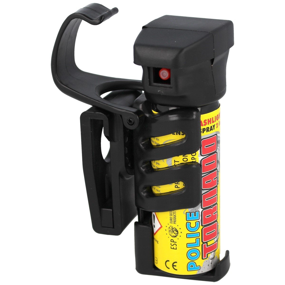 Profesjonalny uchwyt ESP do miotacza gazu Police Tonado 50ml i 63ml z latarką. Etui umożliwia szybkie dobycie pojemnika posiada zaczep bezpieczeństwa chroniący przed jego wypadnięciem z kabury podczas interwencji lub przypadkowym otwarciem modułu latarki. - LifeGun.pl Uchwyt ESP na gaz Tornado 50-63ml z UBC-03 (SHT-34-50.63)-5
