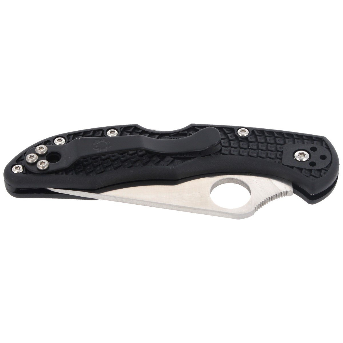 Delica 4 Black FRN Plain czwarta generacja legendarnego noża. Wzmocniona w pełni rozbieralna konstrukcja szkieletu łączona na śruby torx ułatwia czyszczenie, regulację foldera. Mocowany w czterech płaszczyznach klips 4-way clip positions. Stal VG-10... - LifeGun.pl Nóż Spyderco Delica 4 FRN Black Plain (C11PBK)-6