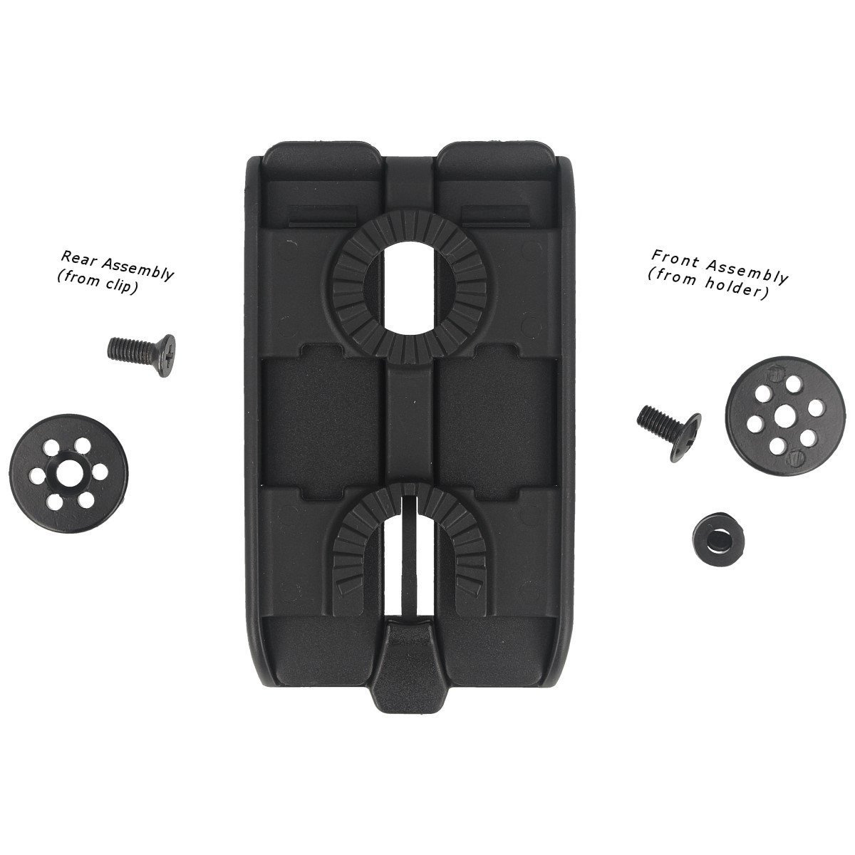 UBC-07 BK z Quick Change, mocowanie pod taśmy MOLLE. Do przenoszenia ładownic, uchwytów, kabur firmy ESP na magazynki pistoletowe, paralizatory, latarki, gaz. Umożliwia wymianę wyposażenia na niezbędne w danej chwili bez odpinania mocowania z taśm MOLLE.. - LifeGun.pl Mocowanie do taśm ESP Roto 360° Double-row MOLLE Clip z Quick Change, wsuwane (UBC-07 BK)-1