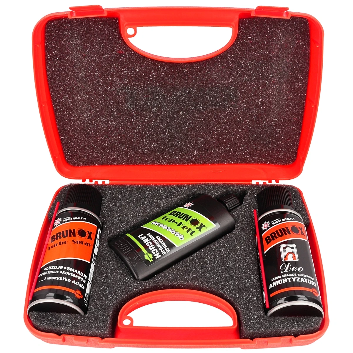 ZESTAW ROWER1, zestaw trzech środków do konserwacji roweru: Brunox Deo, Brunox Top-Kett oraz Brunox Bike Fit. W komplecie ściereczka do czyszczenia. Całość zapakowano w polimerową walizkę z logo firmy Brunox. - LifeGun.pl Zestaw środków do konserwacji roweru Brunox: Deo, Bike Fit, Top-Kett (BIKE SET1)-2