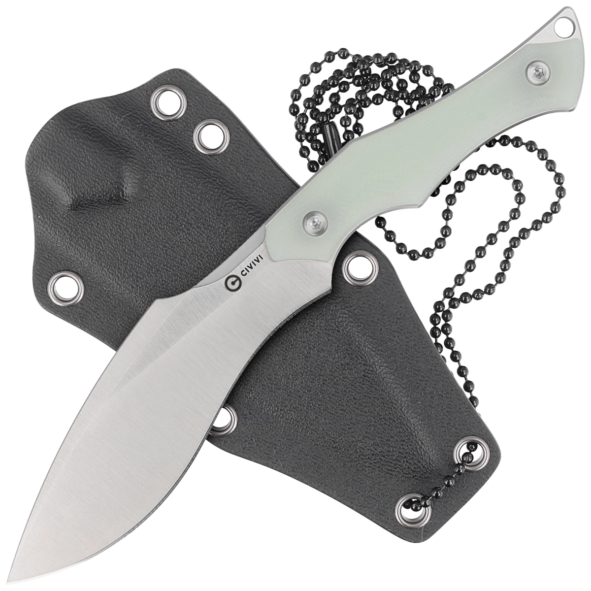 Vaquita II Natural G10, Satin, nieduży nóż EDC o stałym ostrzu projektu Nate'a Matlacka. Kształt ostrza nawiązujący do kukri ze stali Nitro-V, rękojeść z G10. Pochwa z kydexu, z możliwością mocowanie do pasa, łańcuszek kulkowy do zawieszenia na szyi. - LifeGun.pl Nóż Civivi Vaquita II Natural G10, Satin Nitro-V by Nate Matlack (C047C-2)-2