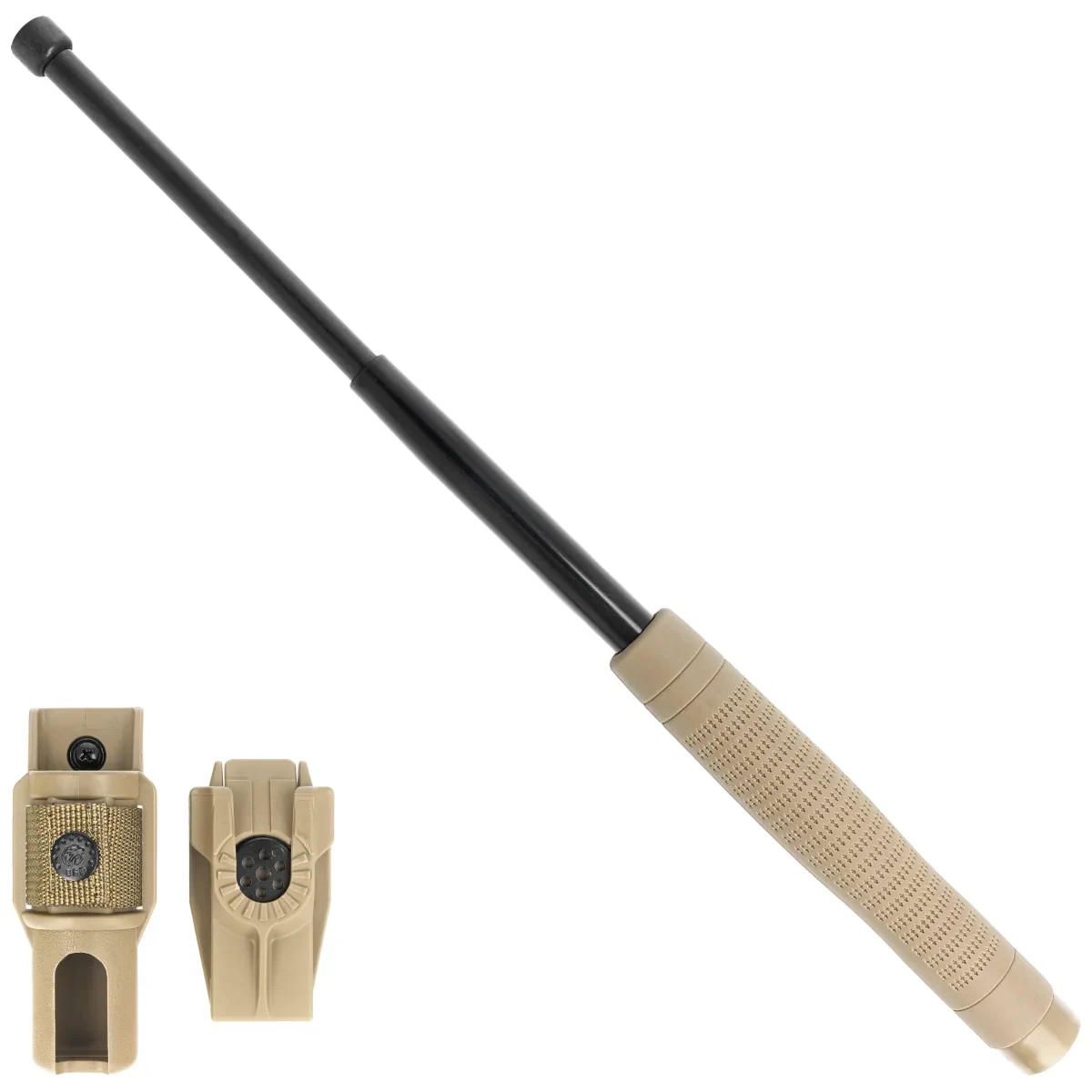 ExB-18HE-KH BK BH-54 hartowana 18" pałka teleskopowa ESP Friction Loc w kolorze khaki. Dla ceniących skuteczny zasięg, kompaktowy rozmiar, skryte przenoszenie. W zestawie obrotowy profesjonalny uchwyt BH-54 wyposażony w mocowanie UBC-5 Quick Change System - LifeGun.pl Pałka teleskopowa hartowana ESP Ergonomic 18'' Khaki (ExB-18HE-KH-BK BH-54)-1