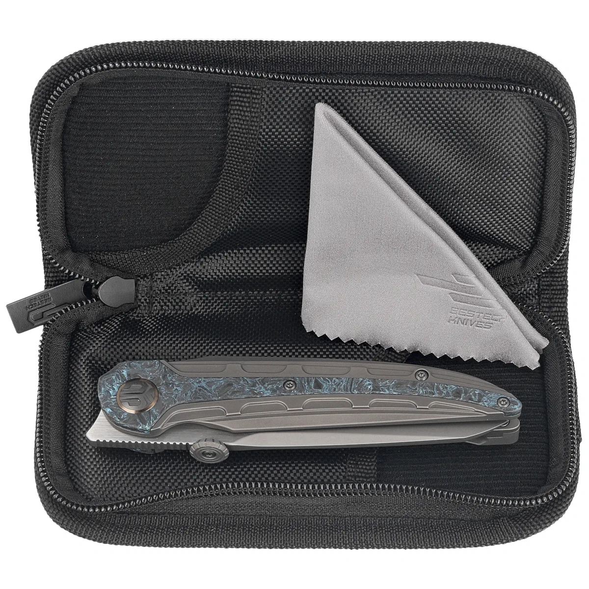 Nóż składany Bestech Prydwen Dark Grey Titanium/Blue Marbled Carbon Fiber, Bead Blasted/Satin MagnaCut by Kombou (BT2409C)-3