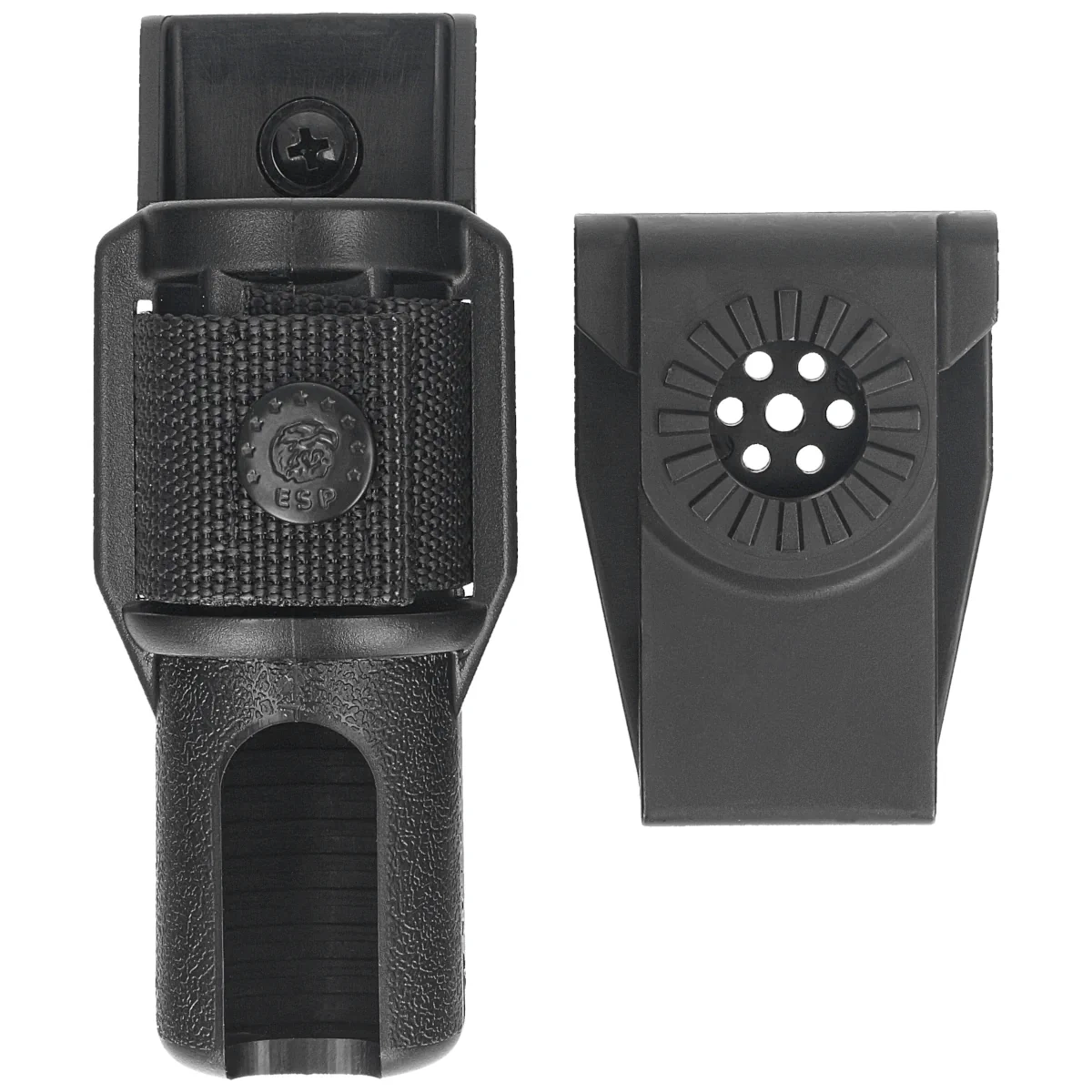 Profesjonalny uchwyt obrotowy ESP BH-34-HL na pałkę teleskopową z systemem szybkiego wypięcia Quick Change. Umożliwia przenoszenie pałki w dowolnej pozycji, zapewniając komfort i elastyczność użytkowania. - LifeGun.pl Uchwyt obrotowy ESP na pałkę teleskopową 16'', 18'', 21'' z rękojeścią HL, mocowanie UBC-03 (BH-34-HL)-2