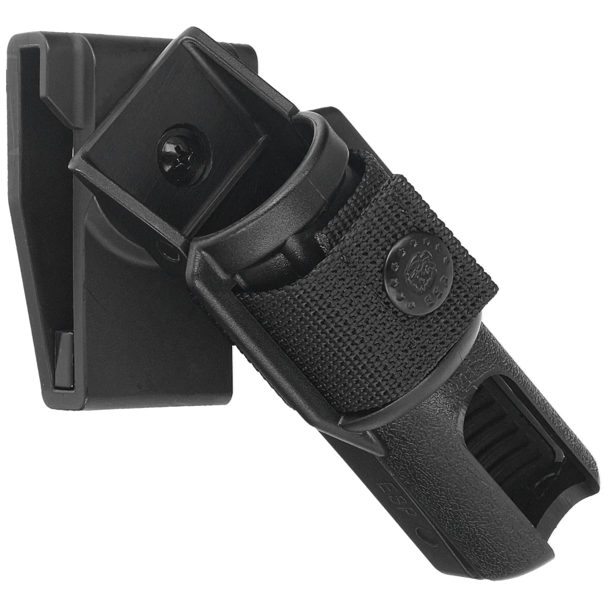 Profesjonalny uchwyt obrotowy ESP BH-34-HL na pałkę teleskopową z systemem szybkiego wypięcia Quick Change. Umożliwia przenoszenie pałki w dowolnej pozycji, zapewniając komfort i elastyczność użytkowania. - LifeGun.pl Uchwyt obrotowy ESP na pałkę teleskopową 16'', 18'', 21'' z rękojeścią HL, mocowanie UBC-03 (BH-34-HL)-3