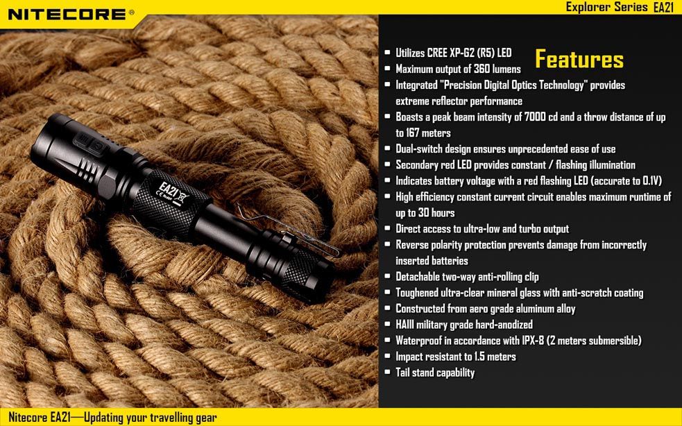 Maksymalny czas pracy (godz.): 30 | Zasięg wiązki światła (m): 167 | Waga bez baterii (g): 67 | Futerał: Tak | Wodoodporność: Do 2 m | Kolor: Czarny | Baterie (kompatybilne): 2x AA | Długość całkowita (mm): 141 | Średnica głowicy (mm): 25 | Źródło światła: Dioda LED CREE XP-G2 (R5) | Światło stroboskopowe: nie | Moc światła (L): 360 - LifeGun.pl Latarka Nitecore EA21 Explorer 360 Lumenów-21
