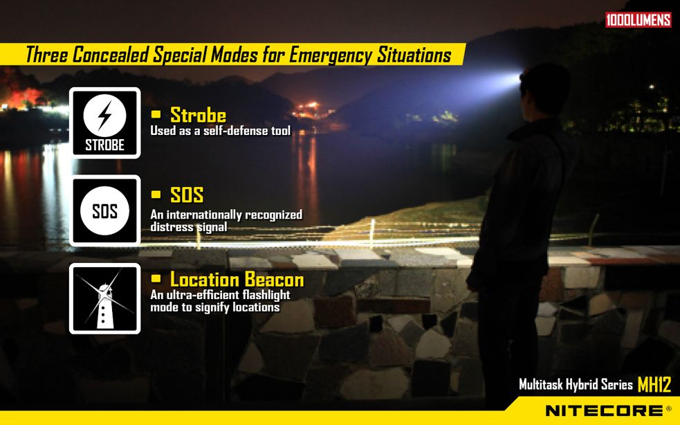 Światło S.O.S.: Tak | Maksymalny czas pracy (godz.): 520 | Zasięg wiązki światła (m): 234 | Waga bez baterii (g): 88 | Baterie w zestawie: 1x 18650 | Futerał: Tak | Wodoodporność: Do 2 m | Kolor: Czarny | Baterie (kompatybilne): 1 x 18650 lub 2 x CR123 | Światło stroboskopowe: tak | Moc światła (L): 1000 | Średnica głowicy (mm): 25 | Źródło światła: Dioda LED CREE XM-L2 U2 - LifeGun.pl Latarka Nitecore MH12 Multi-Task Hybrid 1000 Lumenów-9