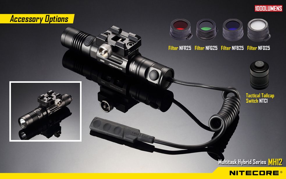 Światło S.O.S.: Tak | Maksymalny czas pracy (godz.): 520 | Zasięg wiązki światła (m): 234 | Waga bez baterii (g): 88 | Baterie w zestawie: 1x 18650 | Futerał: Tak | Wodoodporność: Do 2 m | Kolor: Czarny | Baterie (kompatybilne): 1 x 18650 lub 2 x CR123 | Światło stroboskopowe: tak | Moc światła (L): 1000 | Średnica głowicy (mm): 25 | Źródło światła: Dioda LED CREE XM-L2 U2 - LifeGun.pl Latarka Nitecore MH12 Multi-Task Hybrid 1000 Lumenów-12