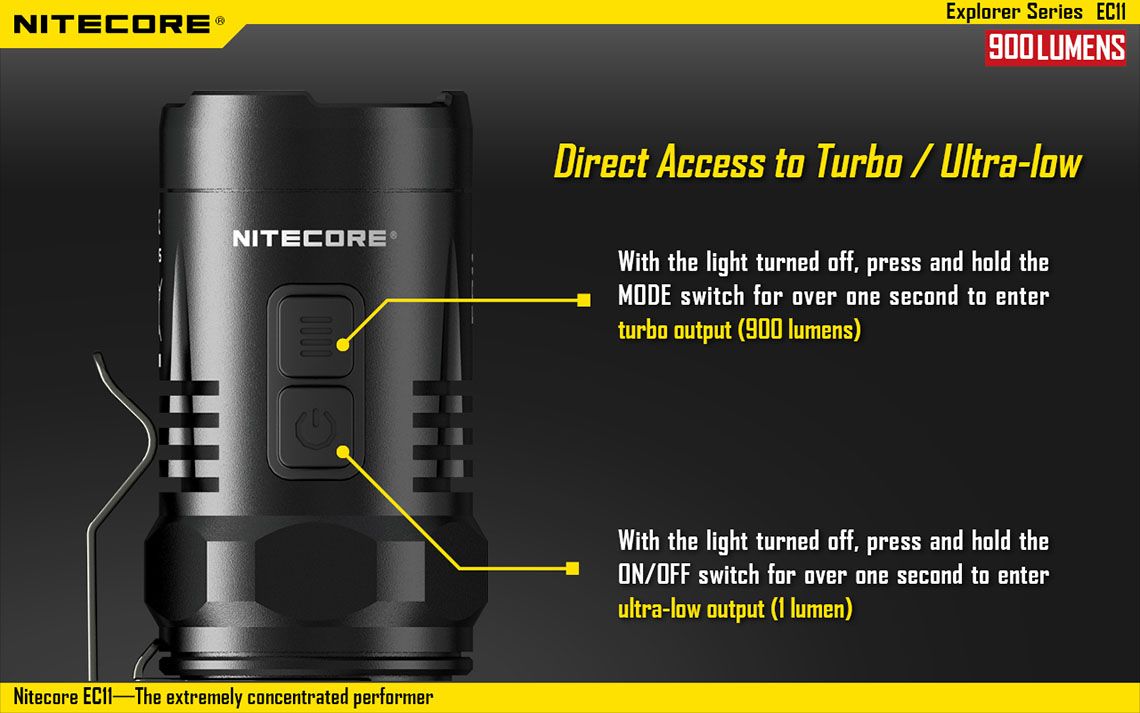 Światło S.O.S.: Tak | Maksymalny czas pracy (godz.): 20 | Zasięg wiązki światła (m): 190 | Waga bez baterii (g): 45.3 | Ładowarka w zestawie: Nie | Futerał: Tak | Wodoodporność: Tak | Kolor: Czarny | Baterie (kompatybilne): 1 x CR123A | Długość całkowita (mm): 75 | Średnica głowicy (mm): 25 | Źródło światła: Dioda LED CREE XM-L2 U2 | Światło stroboskopowe: tak | Moc światła (L): 900 - LifeGun.pl Latarka Nitecore LED EC11 900 lumenów-11