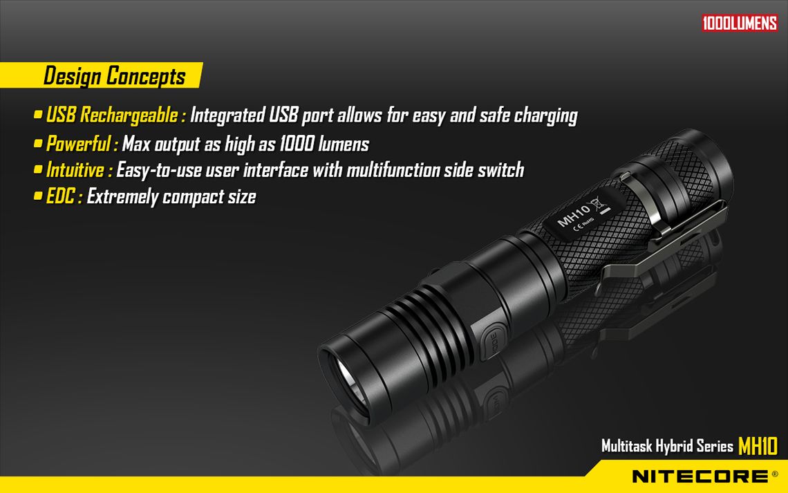 Światło S.O.S.: Tak | Maksymalny czas pracy (godz.): 520 | Zasięg wiązki światła (m): 232 | Waga bez baterii (g): 75 | Baterie w zestawie: 1x 18650 | Futerał: Tak | Wodoodporność: Tak | Kolor: Czarny | Baterie (kompatybilne): 1 x 18650 lub 2 x CR123 | Długość całkowita (mm): 130 | Średnica głowicy (mm): 25 | Źródło światła: Dioda LED CREE XM-L2 U2 | Światło stroboskopowe: tak | Moc światła (L): 1000 - LifeGun.pl Latarka Nitecore MH10 1000 lumenów-5