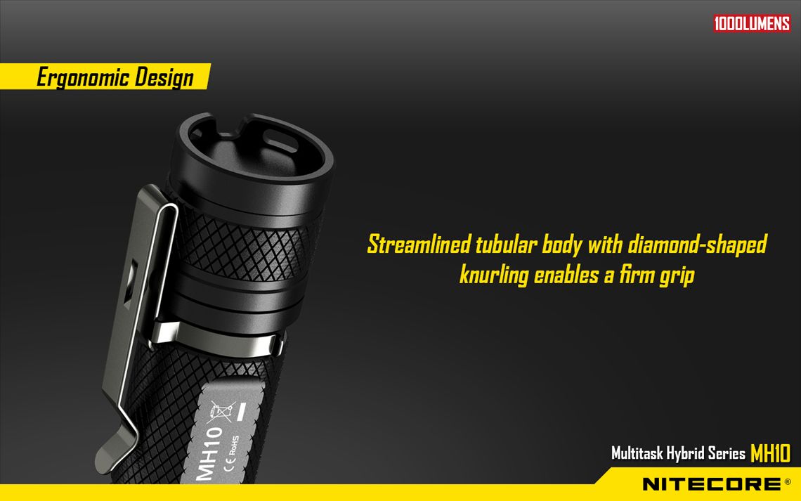 Światło S.O.S.: Tak | Maksymalny czas pracy (godz.): 520 | Zasięg wiązki światła (m): 232 | Waga bez baterii (g): 75 | Baterie w zestawie: 1x 18650 | Futerał: Tak | Wodoodporność: Tak | Kolor: Czarny | Baterie (kompatybilne): 1 x 18650 lub 2 x CR123 | Długość całkowita (mm): 130 | Średnica głowicy (mm): 25 | Źródło światła: Dioda LED CREE XM-L2 U2 | Światło stroboskopowe: tak | Moc światła (L): 1000 - LifeGun.pl Latarka Nitecore MH10 1000 lumenów-12