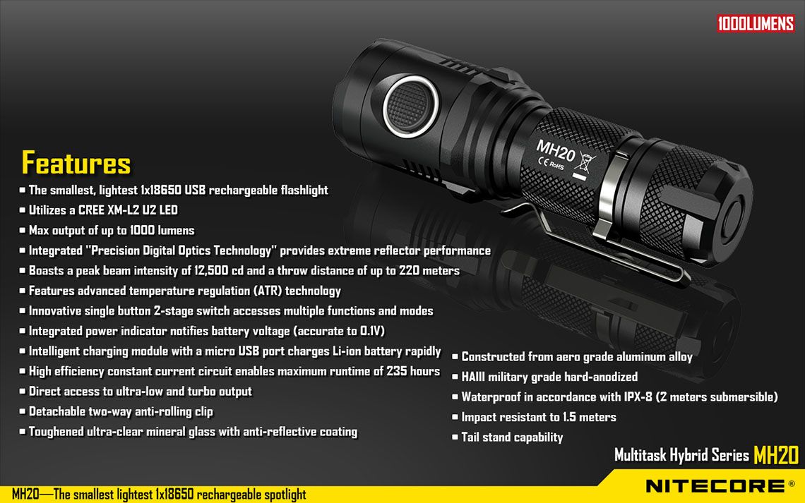 Światło S.O.S.: Tak | Maksymalny czas pracy (godz.): 235 | Zasięg wiązki światła (m): 220 | Waga bez baterii (g): 88 | Baterie w zestawie: 1x 18650 | Futerał: Tak | Wodoodporność: Tak | Kolor: Czarny | Baterie (kompatybilne): 1 x 18650 lub 2 x CR123 | Długość całkowita (mm): 105 | Średnica głowicy (mm): 32 | Źródło światła: Dioda LED CREE XM-L2 U2 | Światło stroboskopowe: tak | Moc światła (L): 1000 - LifeGun.pl Latarka Nitecore MH20 Multi-Task Hybrid 1000 lumenów-16