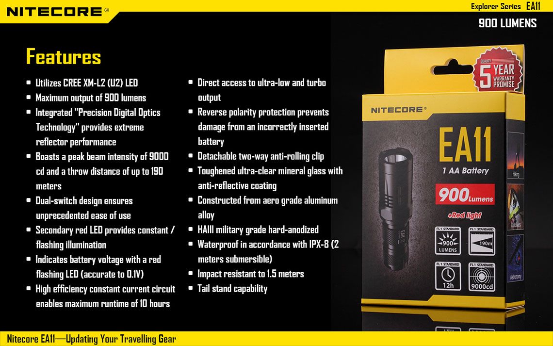 Światło S.O.S.: Tak | Maksymalny czas pracy (godz.): 12 | Zasięg wiązki światła (m): 190 | Waga bez baterii (g): 53 | Ładowarka w zestawie: Nie | Futerał: Tak | Wodoodporność: Tak | Kolor: Czarny | Baterie (kompatybilne): 1x AA | Długość całkowita (mm): 92 | Średnica głowicy (mm): 25 | Źródło światła: Dioda LED CREE XM-L2 U2 | Światło stroboskopowe: tak | Moc światła (L): 900 - LifeGun.pl Latarka Nitecore EA11 900 lumenów-21