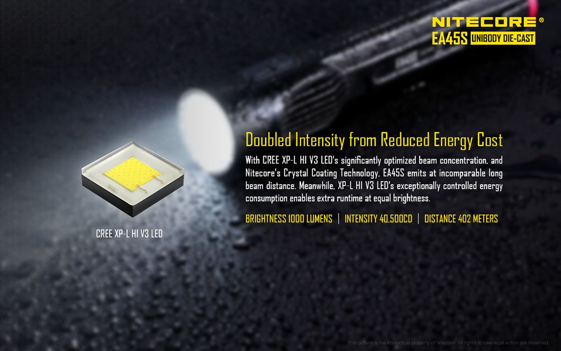 Światło S.O.S.: Tak | Maksymalny czas pracy (godz.): 416 | Zasięg wiązki światła (m): 402 | Waga bez baterii (g): 133 | Ładowarka w zestawie: Nie | Baterie w zestawie: Nie | Futerał: Tak | Wodoodporność: Tak | Kolor: Czarny | Baterie (kompatybilne): 4x AA | Długość całkowita (mm): 170 | Średnica głowicy (mm): 34 | Źródło światła: Dioda LED CREE XP-L HI V3 | Światło stroboskopowe: tak | Moc światła (L): 1000 - LifeGun.pl Latarka Nitecore LED Cree XP-L HI V3 EA45S 1000 lumenów-6