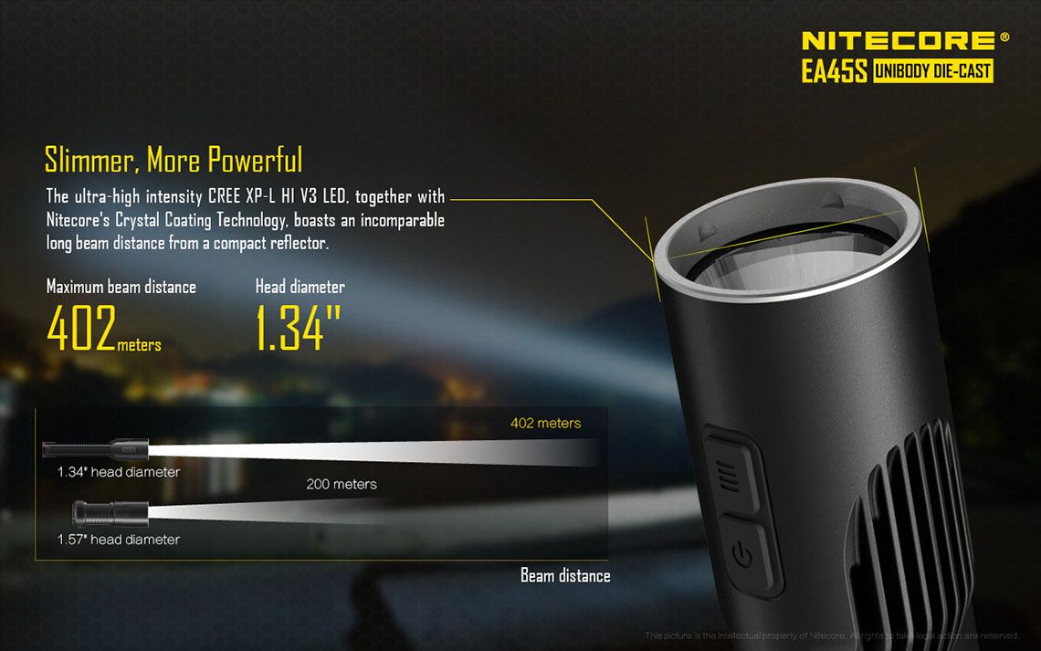 Światło S.O.S.: Tak | Maksymalny czas pracy (godz.): 416 | Zasięg wiązki światła (m): 402 | Waga bez baterii (g): 133 | Ładowarka w zestawie: Nie | Baterie w zestawie: Nie | Futerał: Tak | Wodoodporność: Tak | Kolor: Czarny | Baterie (kompatybilne): 4x AA | Długość całkowita (mm): 170 | Średnica głowicy (mm): 34 | Źródło światła: Dioda LED CREE XP-L HI V3 | Światło stroboskopowe: tak | Moc światła (L): 1000 - LifeGun.pl Latarka Nitecore LED Cree XP-L HI V3 EA45S 1000 lumenów-7