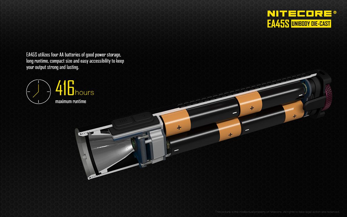 Światło S.O.S.: Tak | Maksymalny czas pracy (godz.): 416 | Zasięg wiązki światła (m): 402 | Waga bez baterii (g): 133 | Ładowarka w zestawie: Nie | Baterie w zestawie: Nie | Futerał: Tak | Wodoodporność: Tak | Kolor: Czarny | Baterie (kompatybilne): 4x AA | Długość całkowita (mm): 170 | Średnica głowicy (mm): 34 | Źródło światła: Dioda LED CREE XP-L HI V3 | Światło stroboskopowe: tak | Moc światła (L): 1000 - LifeGun.pl Latarka Nitecore LED Cree XP-L HI V3 EA45S 1000 lumenów-12
