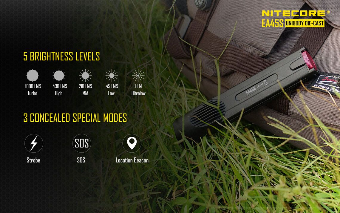 Światło S.O.S.: Tak | Maksymalny czas pracy (godz.): 416 | Zasięg wiązki światła (m): 402 | Waga bez baterii (g): 133 | Ładowarka w zestawie: Nie | Baterie w zestawie: Nie | Futerał: Tak | Wodoodporność: Tak | Kolor: Czarny | Baterie (kompatybilne): 4x AA | Długość całkowita (mm): 170 | Średnica głowicy (mm): 34 | Źródło światła: Dioda LED CREE XP-L HI V3 | Światło stroboskopowe: tak | Moc światła (L): 1000 - LifeGun.pl Latarka Nitecore LED Cree XP-L HI V3 EA45S 1000 lumenów-19