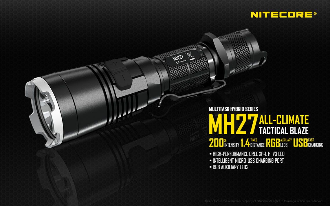 Światło S.O.S.: Tak | Maksymalny czas pracy (godz.): 708 | Zasięg wiązki światła (m): 462 | Waga bez baterii (g): 170 | Ładowarka w zestawie: Nie | Baterie w zestawie: Nie | Futerał: Tak | Wodoodporność: Tak | Baterie (kompatybilne): 1 x 18650 lub 2 x CR123 | Długość całkowita (mm): 154 | Średnica głowicy (mm): 40 | Źródło światła: Dioda LED CREE XP-L HI V3 | Światło stroboskopowe: tak | Moc światła (L): 1000 - LifeGun.pl Latarka Led Nitecore MH27 1000 Lumenów-7