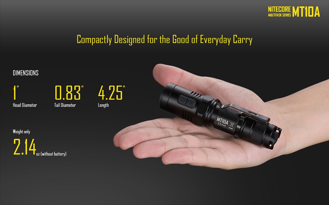 Latarka Nitecore MT10A 920 Lumenów Cechy: Dioda Cree XM-L2 U2 Maksymalna moc: 920 Lumenów Zasięg: do 170 metrów Zasilanie: 1x bateria AA (brak w zestawie) Tryby specjalne: lokalizator Beacon, SOS, Stroboskop Długość: 107,9 mm Średnica głowicy: 25,4 mm Waga: 60,7 g (bez baterii)  - LifeGun.pl Latarka Nitecore MT10A 920 Lumenów-14