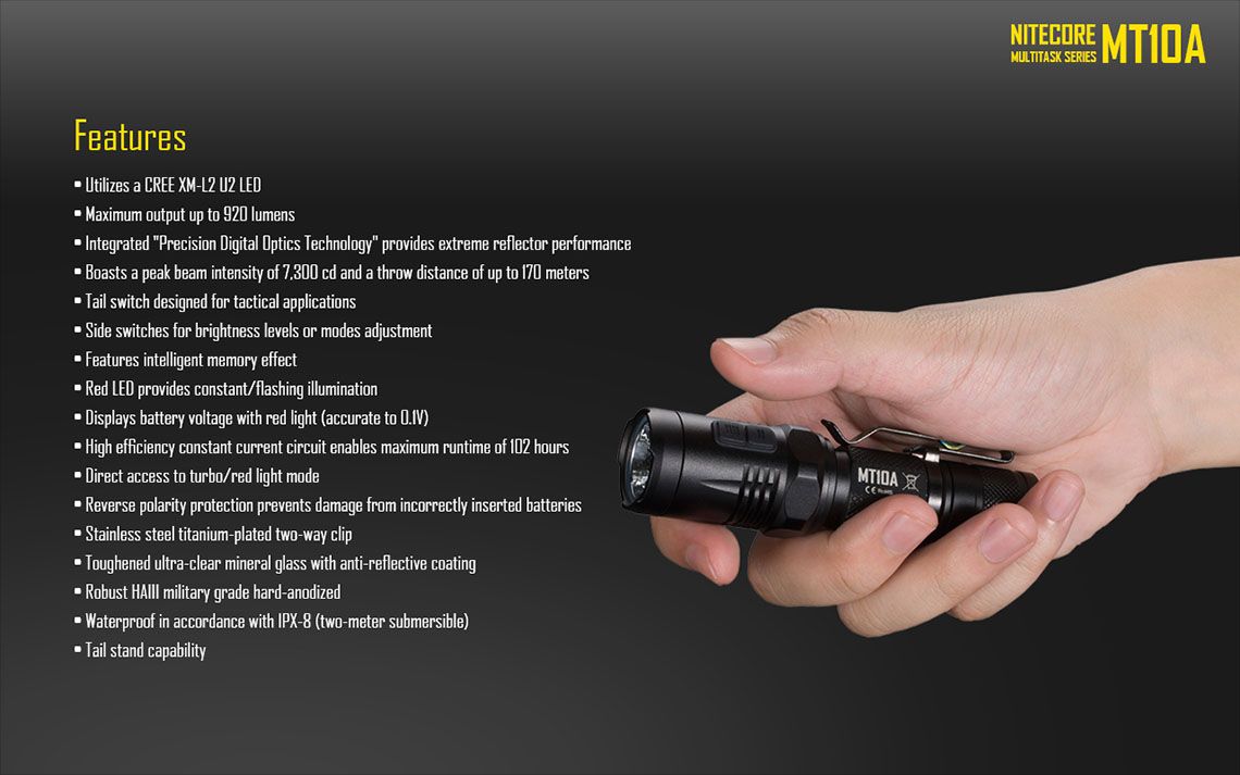 Latarka Nitecore MT10A 920 Lumenów Cechy: Dioda Cree XM-L2 U2 Maksymalna moc: 920 Lumenów Zasięg: do 170 metrów Zasilanie: 1x bateria AA (brak w zestawie) Tryby specjalne: lokalizator Beacon, SOS, Stroboskop Długość: 107,9 mm Średnica głowicy: 25,4 mm Waga: 60,7 g (bez baterii)  - LifeGun.pl Latarka Nitecore MT10A 920 Lumenów-19