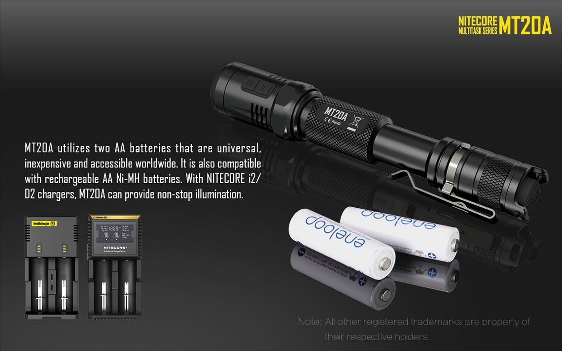 Latarka Nitecore MT20A 360 Lumenów CECHY: Dioda CREE XP-G2 R5 Maksymalna moc: 360 lumenów Zasięg: do 160 metrów Zasilanie: 2x bateria AA (brak w zestawie) Tryby specjalne: lokalizator Beacon, SOS, Stroboskop Długość: 156,9 mm Średnica głowicy: 25,4 mm Waga: 75 g (bez baterii) - LifeGun.pl Latarka Nitecore MT20A 360 Lumenów-13