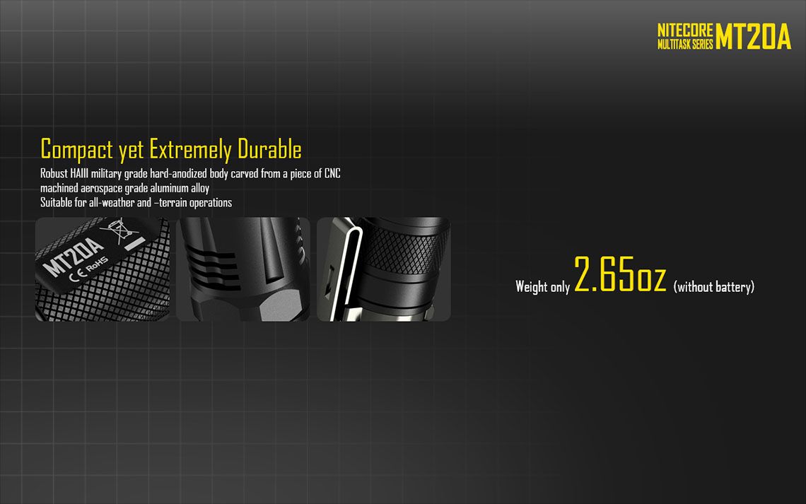 Latarka Nitecore MT20A 360 Lumenów CECHY: Dioda CREE XP-G2 R5 Maksymalna moc: 360 lumenów Zasięg: do 160 metrów Zasilanie: 2x bateria AA (brak w zestawie) Tryby specjalne: lokalizator Beacon, SOS, Stroboskop Długość: 156,9 mm Średnica głowicy: 25,4 mm Waga: 75 g (bez baterii) - LifeGun.pl Latarka Nitecore MT20A 360 Lumenów-15