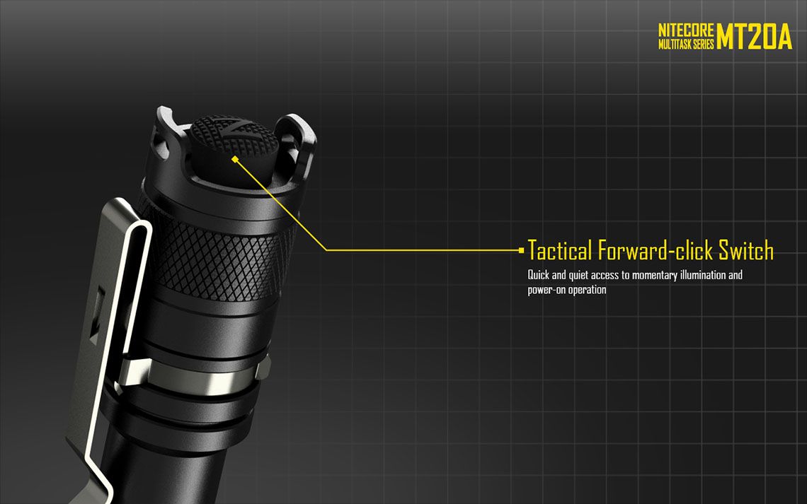 Latarka Nitecore MT20A 360 Lumenów CECHY: Dioda CREE XP-G2 R5 Maksymalna moc: 360 lumenów Zasięg: do 160 metrów Zasilanie: 2x bateria AA (brak w zestawie) Tryby specjalne: lokalizator Beacon, SOS, Stroboskop Długość: 156,9 mm Średnica głowicy: 25,4 mm Waga: 75 g (bez baterii) - LifeGun.pl Latarka Nitecore MT20A 360 Lumenów-16