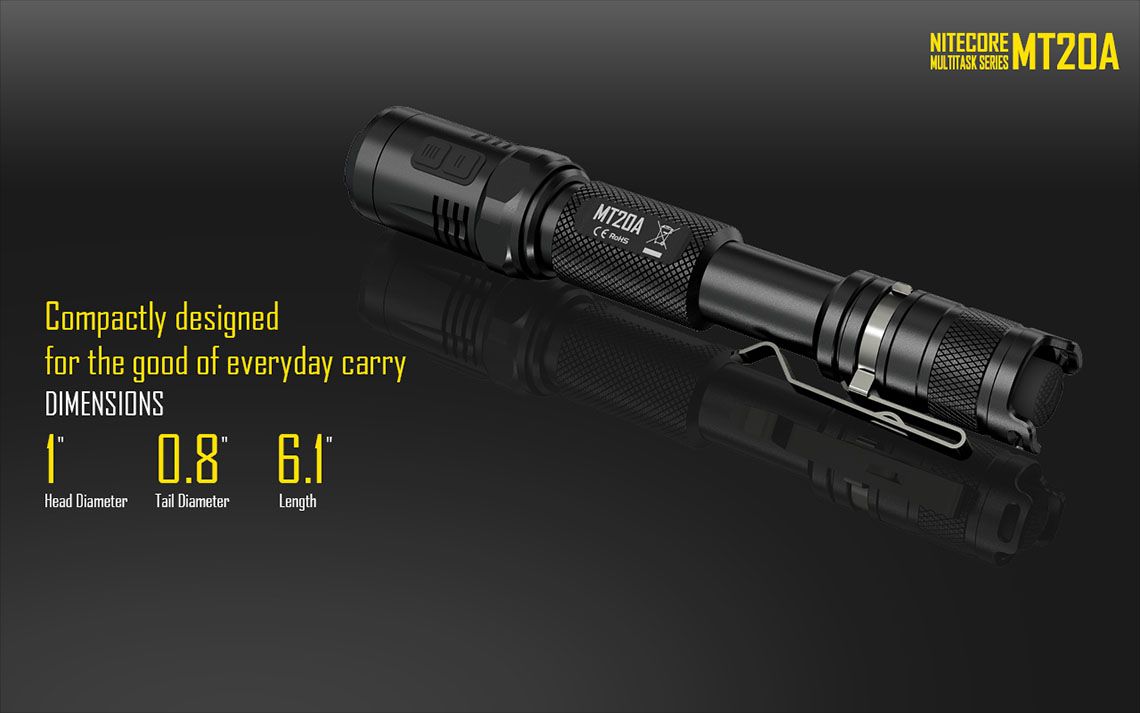 Latarka Nitecore MT20A 360 Lumenów CECHY: Dioda CREE XP-G2 R5 Maksymalna moc: 360 lumenów Zasięg: do 160 metrów Zasilanie: 2x bateria AA (brak w zestawie) Tryby specjalne: lokalizator Beacon, SOS, Stroboskop Długość: 156,9 mm Średnica głowicy: 25,4 mm Waga: 75 g (bez baterii) - LifeGun.pl Latarka Nitecore MT20A 360 Lumenów-17