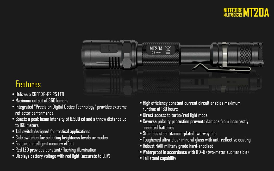 Latarka Nitecore MT20A 360 Lumenów CECHY: Dioda CREE XP-G2 R5 Maksymalna moc: 360 lumenów Zasięg: do 160 metrów Zasilanie: 2x bateria AA (brak w zestawie) Tryby specjalne: lokalizator Beacon, SOS, Stroboskop Długość: 156,9 mm Średnica głowicy: 25,4 mm Waga: 75 g (bez baterii) - LifeGun.pl Latarka Nitecore MT20A 360 Lumenów-21