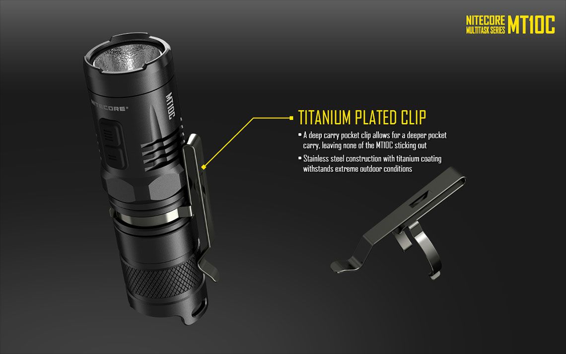 Latarka Nitecore MT10C 920 Lumenów CECHY: Dioda CREE XM-L2 U2 Maksymalna moc: 920 lumenów Zasięg: do 190 metrów Zasilanie: 1x CR123 (brak w zestawie) Tryby specjalne: lokalizator Beacon, SOS, Stroboskop Długość: 91,2 mm Średnica głowicy: 25,4 mm Waga: 57 g (bez baterii) - LifeGun.pl Latarka Nitecore MT10C 920 Lumenów-17