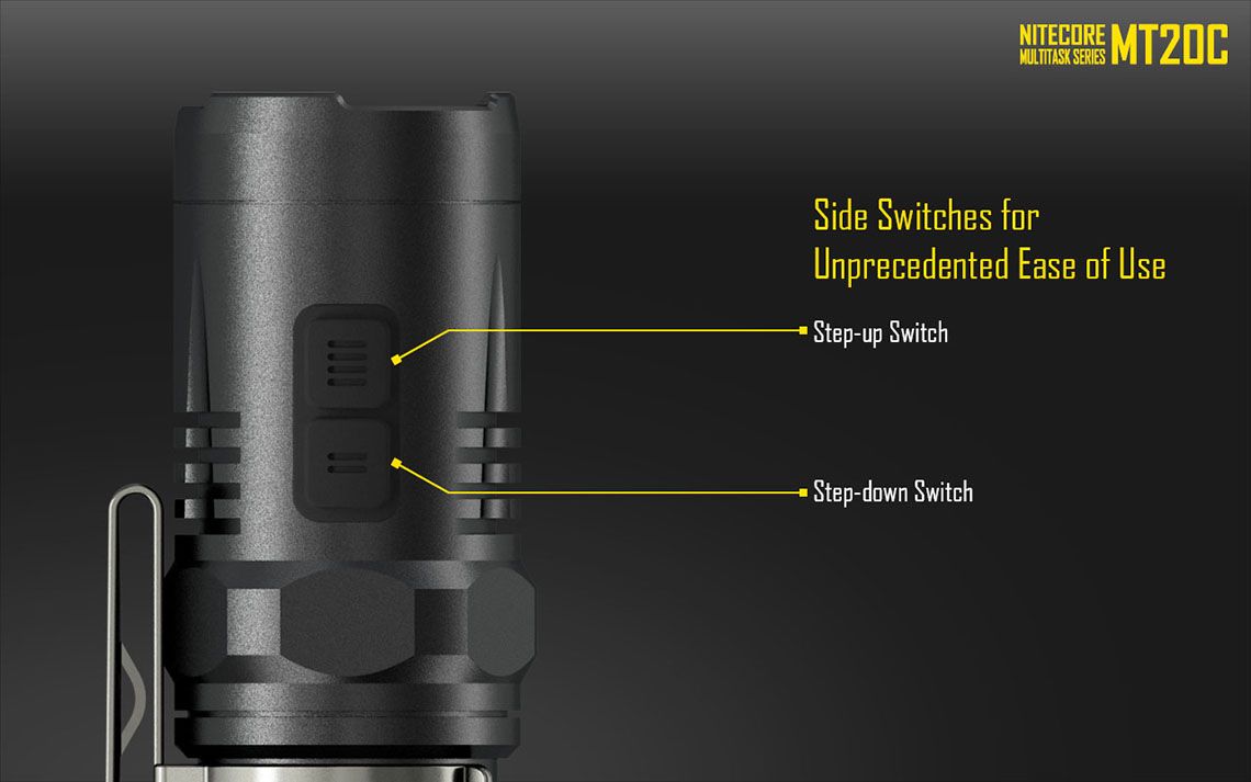 Latarka Nitecore MT20C 460 Lumenów CECHY: Dioda CREE XP-G2 R5 Maksymalna moc: 460 lumenów Zasięg: do 180 metrów Zasilanie: 1x akumulator 18650 (brak w zestawie) lub 2x bateria CR123 (brak w zestawie) Tryby specjalne: lokalizator Beacon, SOS, Stroboskop Długość: 124,7 mm Średnica głowicy: 25,4 mm Waga: 72,3 g (bez baterii)  - LifeGun.pl Latarka Nitecore MT20C 460 Lumenów-6