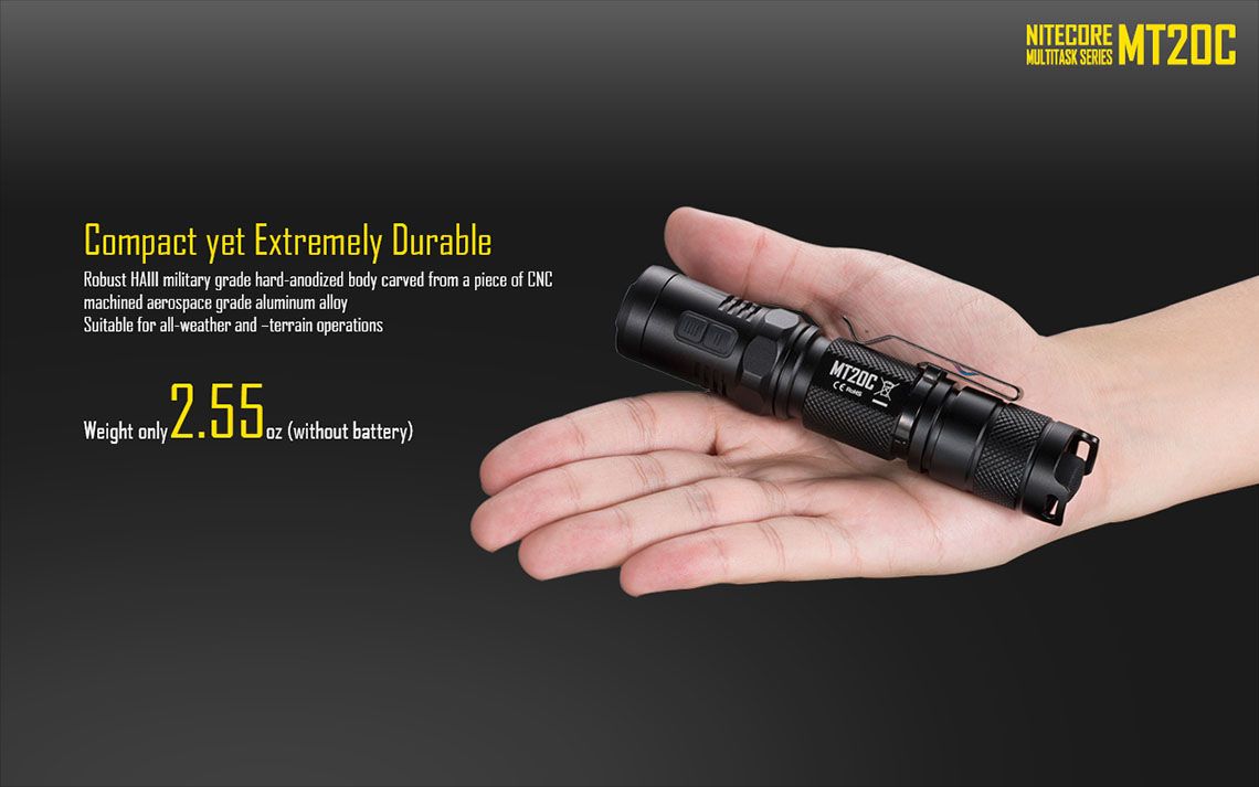 Latarka Nitecore MT20C 460 Lumenów CECHY: Dioda CREE XP-G2 R5 Maksymalna moc: 460 lumenów Zasięg: do 180 metrów Zasilanie: 1x akumulator 18650 (brak w zestawie) lub 2x bateria CR123 (brak w zestawie) Tryby specjalne: lokalizator Beacon, SOS, Stroboskop Długość: 124,7 mm Średnica głowicy: 25,4 mm Waga: 72,3 g (bez baterii)  - LifeGun.pl Latarka Nitecore MT20C 460 Lumenów-16