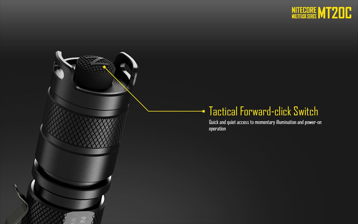 Latarka Nitecore MT20C 460 Lumenów CECHY: Dioda CREE XP-G2 R5 Maksymalna moc: 460 lumenów Zasięg: do 180 metrów Zasilanie: 1x akumulator 18650 (brak w zestawie) lub 2x bateria CR123 (brak w zestawie) Tryby specjalne: lokalizator Beacon, SOS, Stroboskop Długość: 124,7 mm Średnica głowicy: 25,4 mm Waga: 72,3 g (bez baterii)  - LifeGun.pl Latarka Nitecore MT20C 460 Lumenów-17