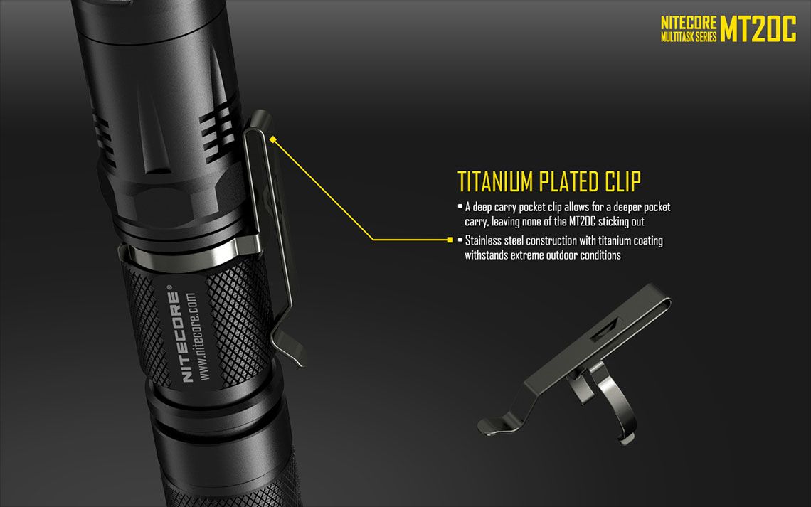 Latarka Nitecore MT20C 460 Lumenów CECHY: Dioda CREE XP-G2 R5 Maksymalna moc: 460 lumenów Zasięg: do 180 metrów Zasilanie: 1x akumulator 18650 (brak w zestawie) lub 2x bateria CR123 (brak w zestawie) Tryby specjalne: lokalizator Beacon, SOS, Stroboskop Długość: 124,7 mm Średnica głowicy: 25,4 mm Waga: 72,3 g (bez baterii)  - LifeGun.pl Latarka Nitecore MT20C 460 Lumenów-19