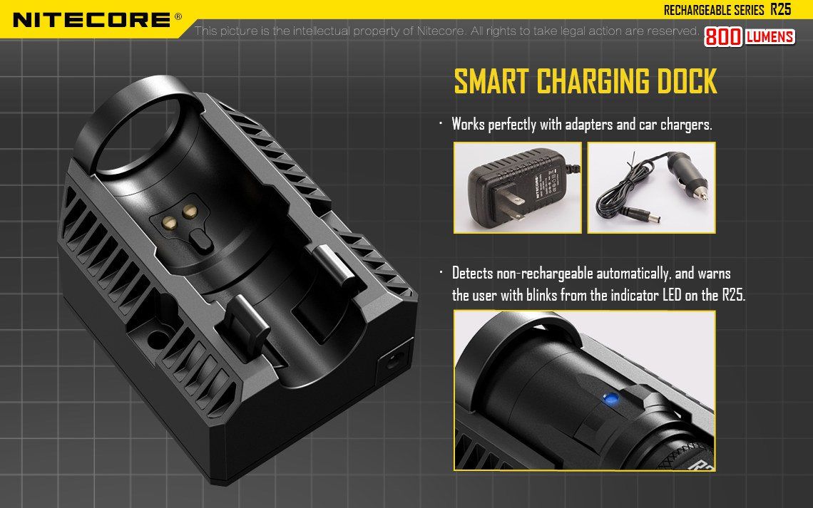 Latarka Nitecore R25 800 Lumenów CECHY: Maksymalna moc: 800 lumenów Zasięg: 321 metrów Dioda LED CREE XP-L HI V3 Zasilanie: 1x akumulator 18650 (w zestawie - NL188DW) lub 2x CR123A Port ładowania - można ładować jedynie dedykowany akumulator NL188DW - NIE WOLNO ŁADOWAĆ INNYCH AKUMULATORÓW W PORCIE ŁADOWANIA Tryb specjalny - stroboskop Wodoodporna, zgodna - LifeGun.pl Latarka Nitecore R25 800 Lumenów-11