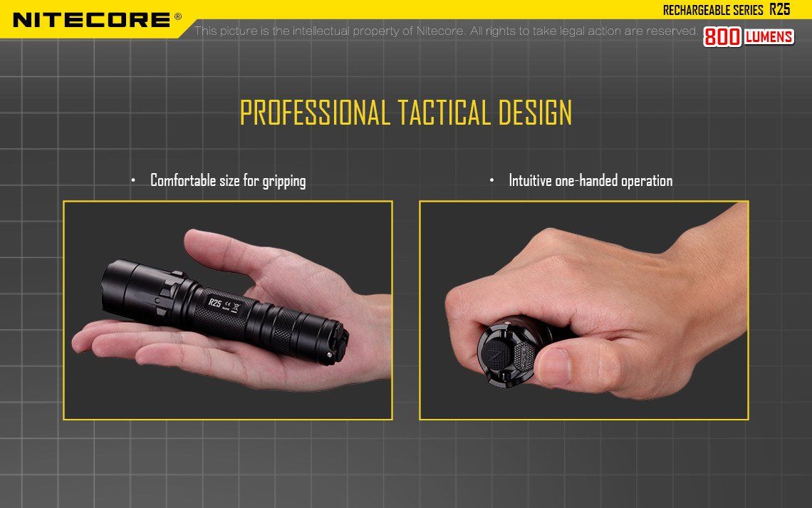 Latarka Nitecore R25 800 Lumenów CECHY: Maksymalna moc: 800 lumenów Zasięg: 321 metrów Dioda LED CREE XP-L HI V3 Zasilanie: 1x akumulator 18650 (w zestawie - NL188DW) lub 2x CR123A Port ładowania - można ładować jedynie dedykowany akumulator NL188DW - NIE WOLNO ŁADOWAĆ INNYCH AKUMULATORÓW W PORCIE ŁADOWANIA Tryb specjalny - stroboskop Wodoodporna, zgodna - LifeGun.pl Latarka Nitecore R25 800 Lumenów-13