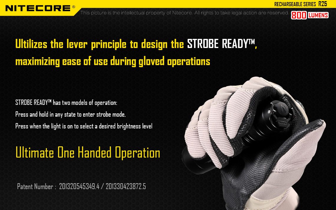 Latarka Nitecore R25 800 Lumenów CECHY: Maksymalna moc: 800 lumenów Zasięg: 321 metrów Dioda LED CREE XP-L HI V3 Zasilanie: 1x akumulator 18650 (w zestawie - NL188DW) lub 2x CR123A Port ładowania - można ładować jedynie dedykowany akumulator NL188DW - NIE WOLNO ŁADOWAĆ INNYCH AKUMULATORÓW W PORCIE ŁADOWANIA Tryb specjalny - stroboskop Wodoodporna, zgodna - LifeGun.pl Latarka Nitecore R25 800 Lumenów-15