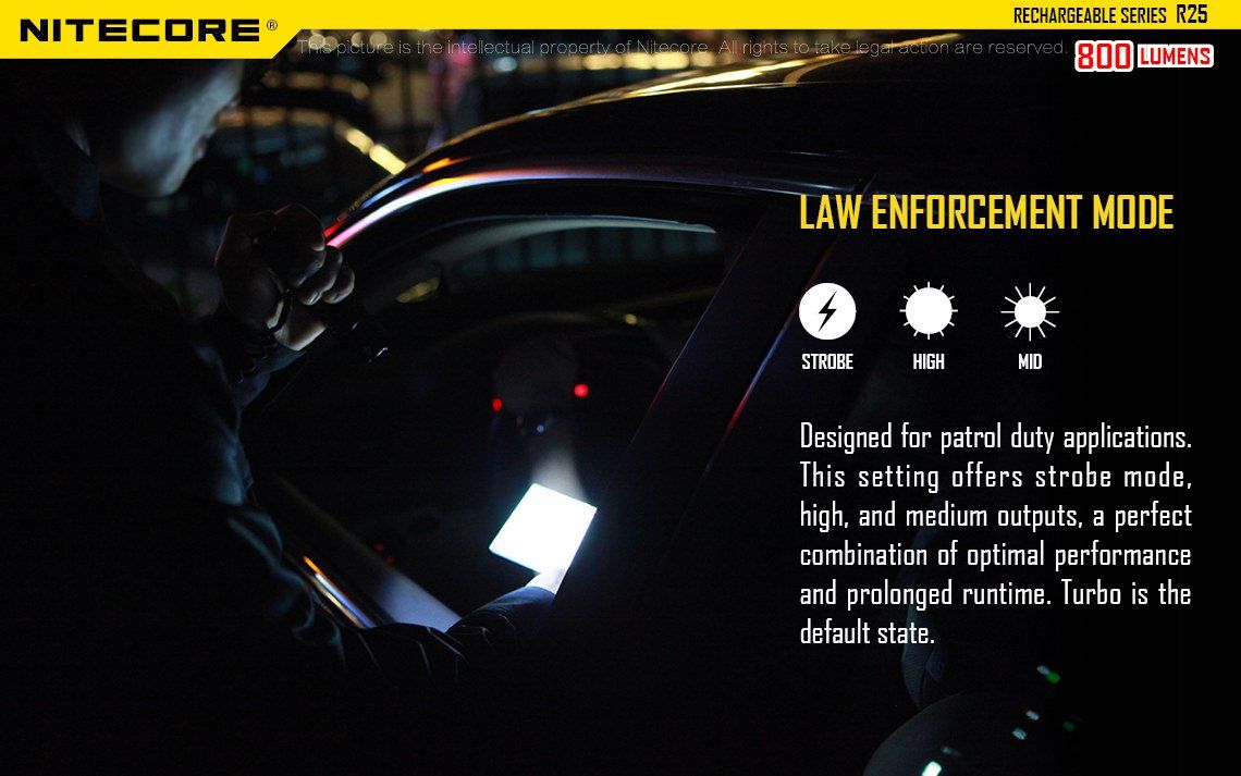 Latarka Nitecore R25 800 Lumenów CECHY: Maksymalna moc: 800 lumenów Zasięg: 321 metrów Dioda LED CREE XP-L HI V3 Zasilanie: 1x akumulator 18650 (w zestawie - NL188DW) lub 2x CR123A Port ładowania - można ładować jedynie dedykowany akumulator NL188DW - NIE WOLNO ŁADOWAĆ INNYCH AKUMULATORÓW W PORCIE ŁADOWANIA Tryb specjalny - stroboskop Wodoodporna, zgodna - LifeGun.pl Latarka Nitecore R25 800 Lumenów-19