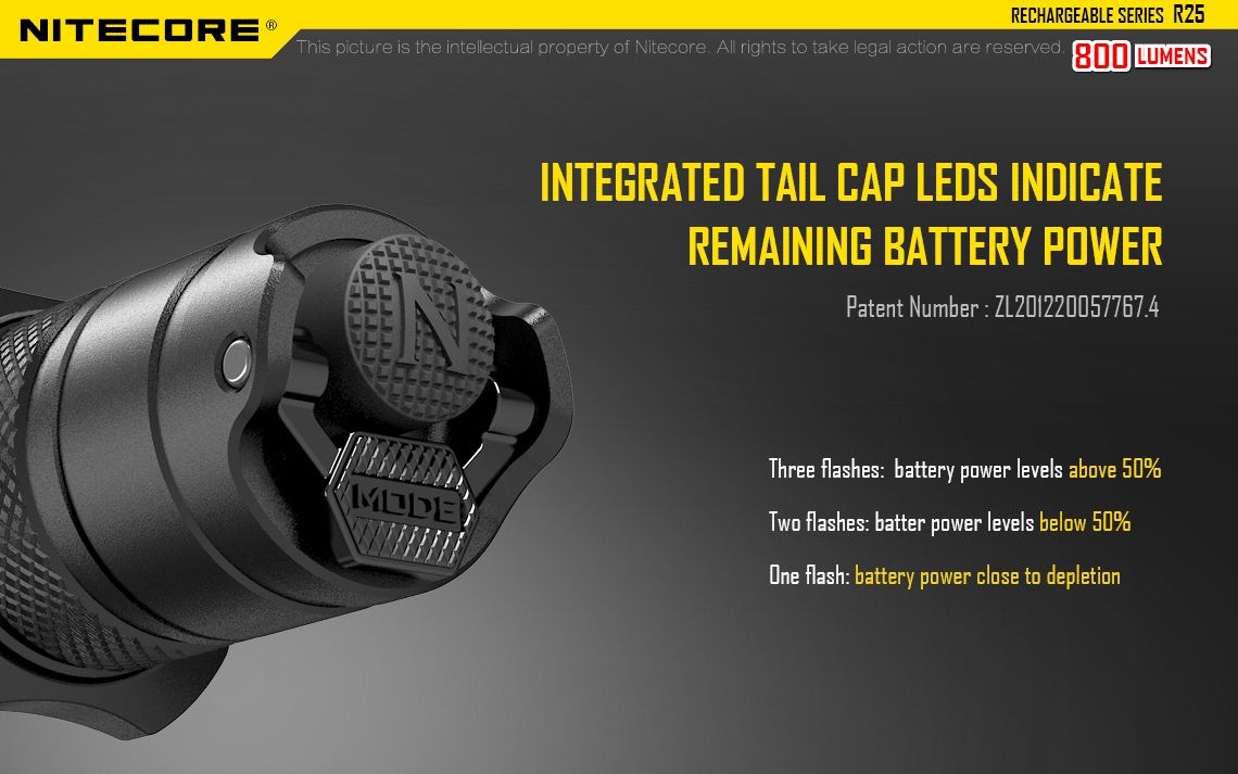 Latarka Nitecore R25 800 Lumenów CECHY: Maksymalna moc: 800 lumenów Zasięg: 321 metrów Dioda LED CREE XP-L HI V3 Zasilanie: 1x akumulator 18650 (w zestawie - NL188DW) lub 2x CR123A Port ładowania - można ładować jedynie dedykowany akumulator NL188DW - NIE WOLNO ŁADOWAĆ INNYCH AKUMULATORÓW W PORCIE ŁADOWANIA Tryb specjalny - stroboskop Wodoodporna, zgodna - LifeGun.pl Latarka Nitecore R25 800 Lumenów-25