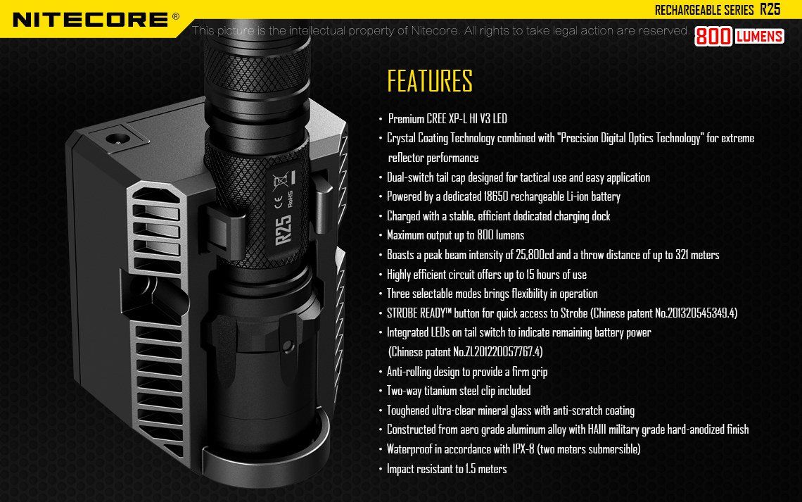 Latarka Nitecore R25 800 Lumenów CECHY: Maksymalna moc: 800 lumenów Zasięg: 321 metrów Dioda LED CREE XP-L HI V3 Zasilanie: 1x akumulator 18650 (w zestawie - NL188DW) lub 2x CR123A Port ładowania - można ładować jedynie dedykowany akumulator NL188DW - NIE WOLNO ŁADOWAĆ INNYCH AKUMULATORÓW W PORCIE ŁADOWANIA Tryb specjalny - stroboskop Wodoodporna, zgodna - LifeGun.pl Latarka Nitecore R25 800 Lumenów-30