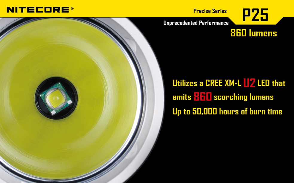 Światło S.O.S.: Tak | Maksymalny czas pracy (godz.): 325 | Zasięg wiązki światła (m): 283 | Waga bez baterii (g): 171 | Futerał: Tak | Wodoodporność: Tak | Kolor: Czarny | Baterie (kompatybilne): 1 x 18650 lub 2 x CR123 | Długość całkowita (mm): 160 | Średnica głowicy (mm): 40 | Źródło światła: Dioda LED Premium CREE XM-L U2 | Światło stroboskopowe: tak | Moc światła (L): 860 - LifeGun.pl Latarka Nitecore P25 Smilodon 860 Lumenów-5