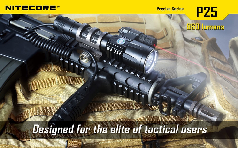 Światło S.O.S.: Tak | Maksymalny czas pracy (godz.): 325 | Zasięg wiązki światła (m): 283 | Waga bez baterii (g): 171 | Futerał: Tak | Wodoodporność: Tak | Kolor: Czarny | Baterie (kompatybilne): 1 x 18650 lub 2 x CR123 | Długość całkowita (mm): 160 | Średnica głowicy (mm): 40 | Źródło światła: Dioda LED Premium CREE XM-L U2 | Światło stroboskopowe: tak | Moc światła (L): 860 - LifeGun.pl Latarka Nitecore P25 Smilodon 860 Lumenów-8