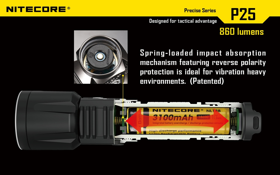 Światło S.O.S.: Tak | Maksymalny czas pracy (godz.): 325 | Zasięg wiązki światła (m): 283 | Waga bez baterii (g): 171 | Futerał: Tak | Wodoodporność: Tak | Kolor: Czarny | Baterie (kompatybilne): 1 x 18650 lub 2 x CR123 | Długość całkowita (mm): 160 | Średnica głowicy (mm): 40 | Źródło światła: Dioda LED Premium CREE XM-L U2 | Światło stroboskopowe: tak | Moc światła (L): 860 - LifeGun.pl Latarka Nitecore P25 Smilodon 860 Lumenów-10