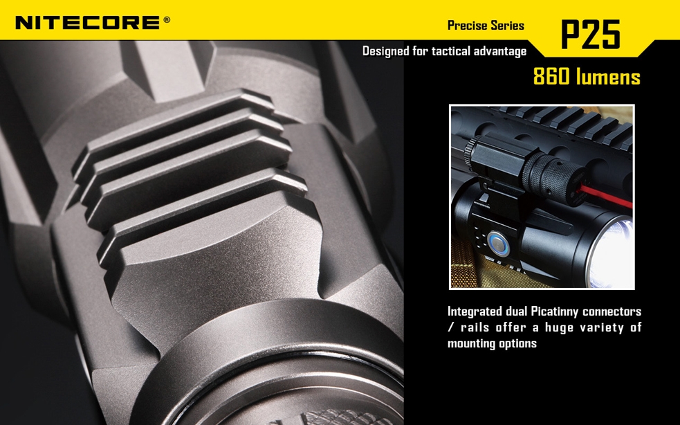 Światło S.O.S.: Tak | Maksymalny czas pracy (godz.): 325 | Zasięg wiązki światła (m): 283 | Waga bez baterii (g): 171 | Futerał: Tak | Wodoodporność: Tak | Kolor: Czarny | Baterie (kompatybilne): 1 x 18650 lub 2 x CR123 | Długość całkowita (mm): 160 | Średnica głowicy (mm): 40 | Źródło światła: Dioda LED Premium CREE XM-L U2 | Światło stroboskopowe: tak | Moc światła (L): 860 - LifeGun.pl Latarka Nitecore P25 Smilodon 860 Lumenów-11