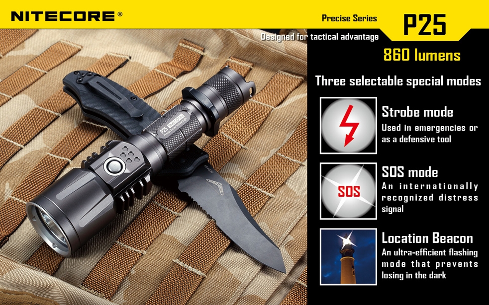 Światło S.O.S.: Tak | Maksymalny czas pracy (godz.): 325 | Zasięg wiązki światła (m): 283 | Waga bez baterii (g): 171 | Futerał: Tak | Wodoodporność: Tak | Kolor: Czarny | Baterie (kompatybilne): 1 x 18650 lub 2 x CR123 | Długość całkowita (mm): 160 | Średnica głowicy (mm): 40 | Źródło światła: Dioda LED Premium CREE XM-L U2 | Światło stroboskopowe: tak | Moc światła (L): 860 - LifeGun.pl Latarka Nitecore P25 Smilodon 860 Lumenów-13