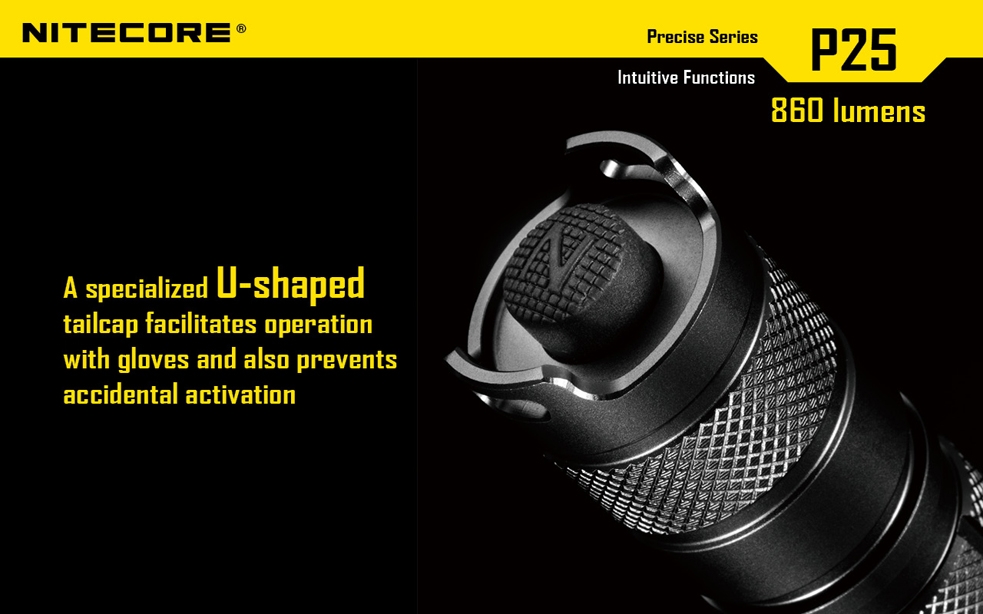 Światło S.O.S.: Tak | Maksymalny czas pracy (godz.): 325 | Zasięg wiązki światła (m): 283 | Waga bez baterii (g): 171 | Futerał: Tak | Wodoodporność: Tak | Kolor: Czarny | Baterie (kompatybilne): 1 x 18650 lub 2 x CR123 | Długość całkowita (mm): 160 | Średnica głowicy (mm): 40 | Źródło światła: Dioda LED Premium CREE XM-L U2 | Światło stroboskopowe: tak | Moc światła (L): 860 - LifeGun.pl Latarka Nitecore P25 Smilodon 860 Lumenów-19